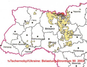 Strontium-90-Belastung in der West-Ukraine 2002. Die Karte zeigt einen leichten Rückgang. 