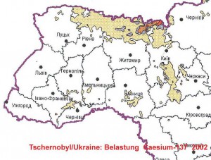 Die Karte zeigt die Belastung mit Caesium 137 im Jahr 2002 in der Ukraine, Quelle: Ministerstvo Ukraini s litanj nadsvidtschainich situazji ta u spravach sachistu naselenija vid naslidkiv tschornobilskoi katastrofi", April 2003.