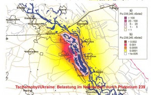 Die Karte zeigt die Verseuchung mit hochradioaktivem Plutonium 239 in unmittelbarer Umgebung des Unglücksreaktors von Tschernobyl Quelle: Ministerstvo Ukraini s litanj nadsvidtschainich situazji ta u spravach sachistu naselenija vid naslidkiv tschornobilskoi katastrofi", April 2003.